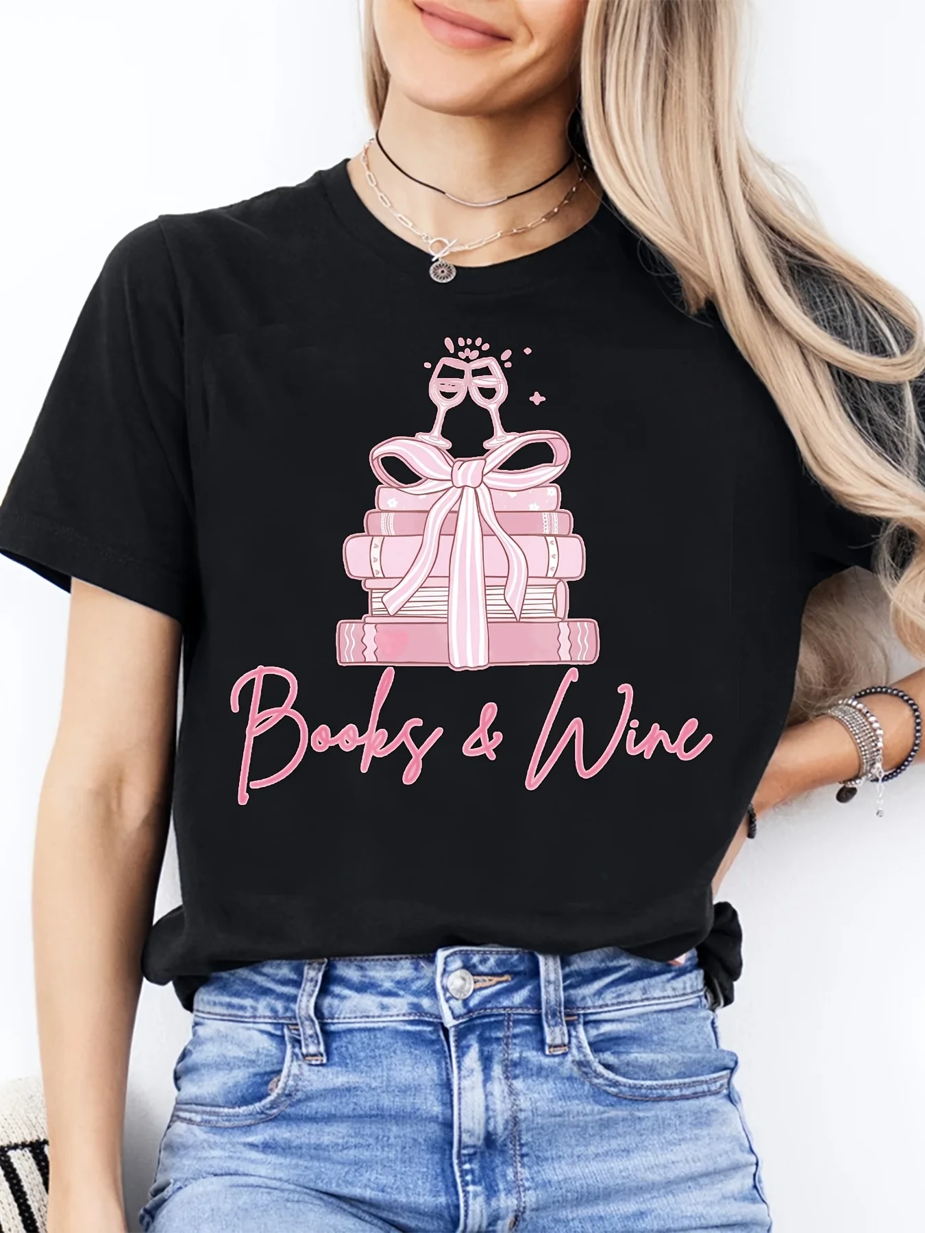 T-shirt da donna girocollo alla moda per la festa della mamma, maniche con motivi geometrici, libri e stampe di vino rosso, ideale per un regalo quotidiano