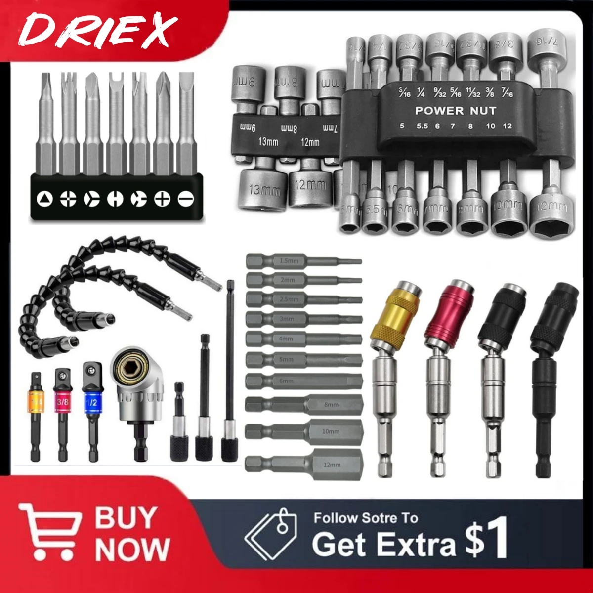 Flexible Drill Extension Hex Shank Drill Nut Driver Bit Set Bendable Drill Bit Extension+ScrewdriverBit+Universal Socket Adapter