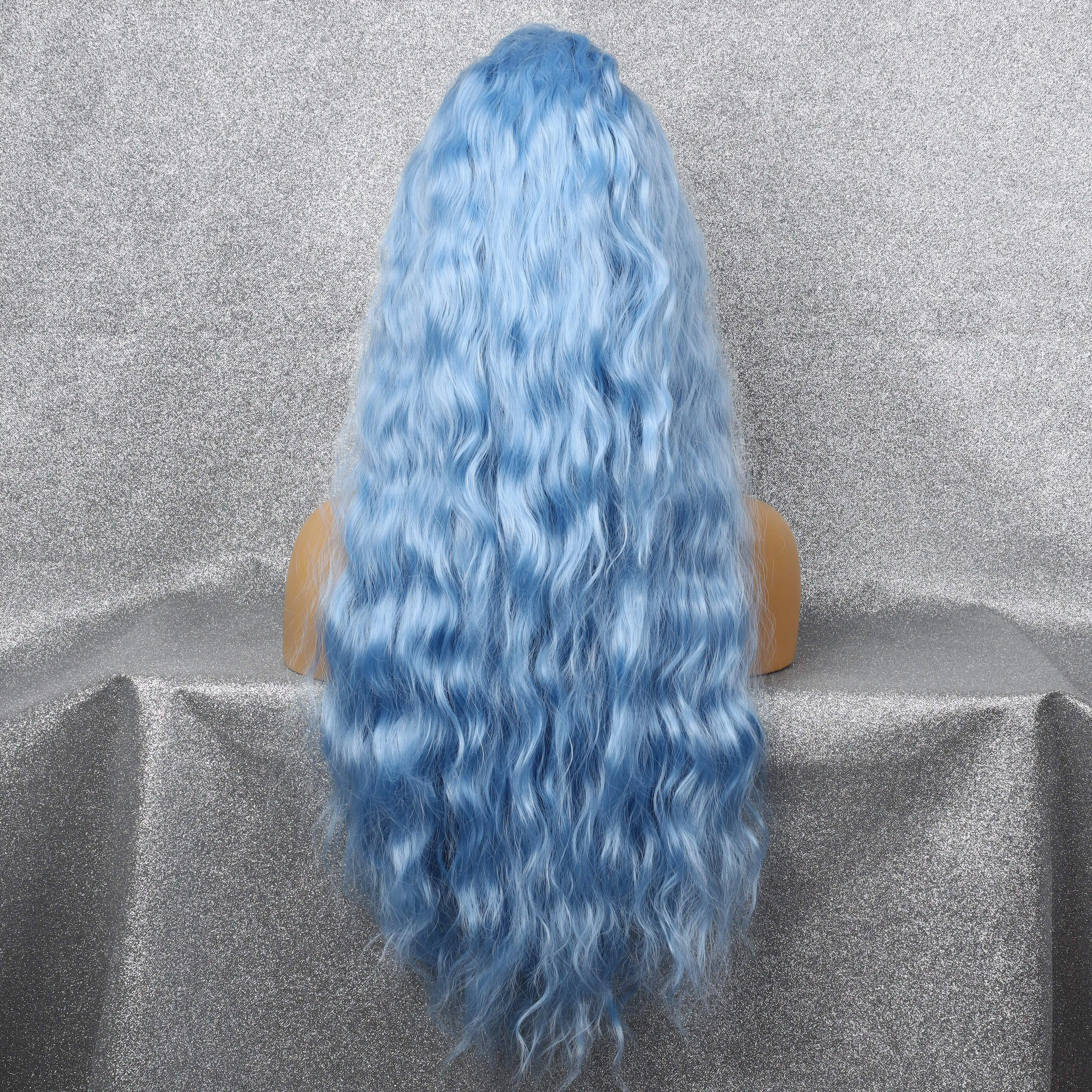 Front Lace 13*4 Synthetic Blue Big Wave Wig Mesh Cap Breathable Comfortable Lightweight High Density Heat Resistant Cosplay Wig