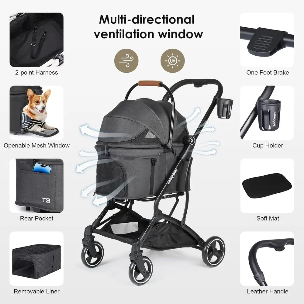 3-in-1 Foldable Pet Stroller - Lightweight, 180° Shade, Removable Carrier for Small Dogs & Cats (Black)