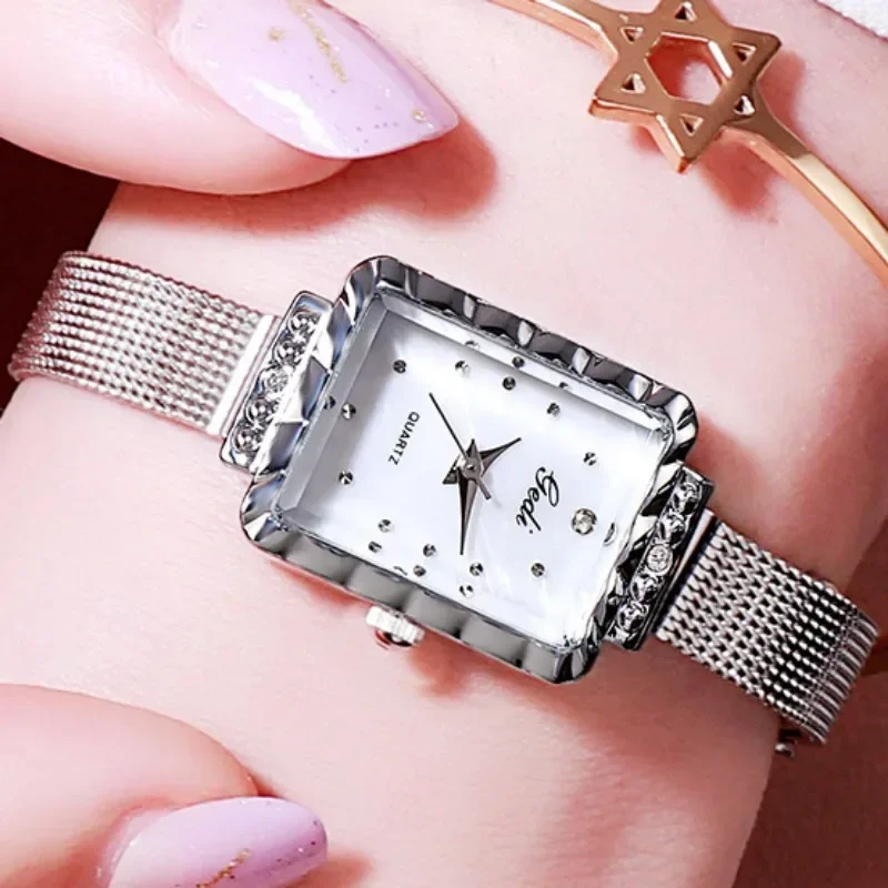 Fashion Square Women Watch Mesh Strap Simple Versatile Student Sports Clock Low Key Luxury Waterproof Women Quartz Wristwatches