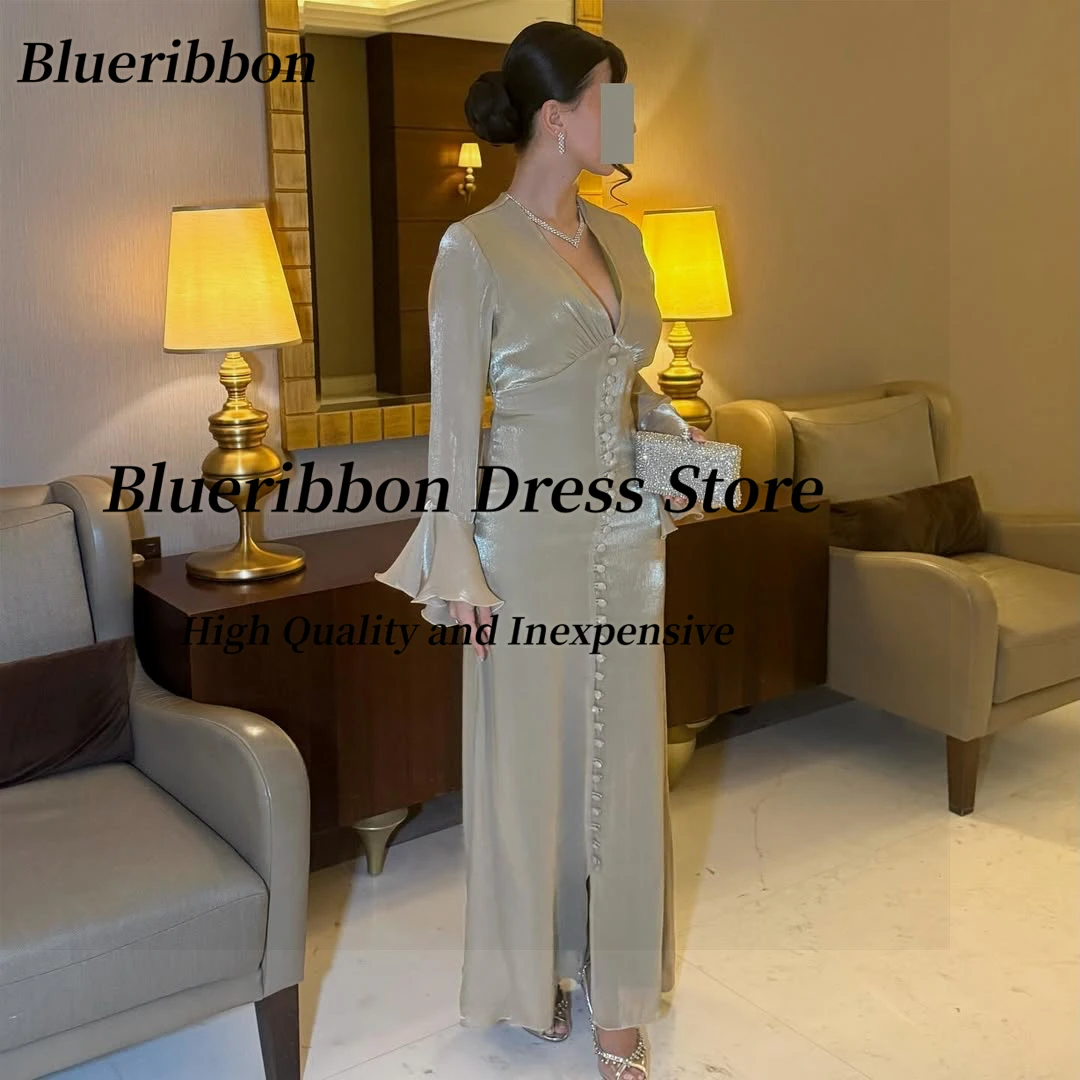

Blueribbon Long Sleeves Prom Dresses with Buttons Front Slit Evening Dress Sexy V Neck Bespoke Occasion Saudi Party Customized