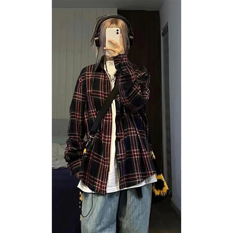 Vintage Plaid Shirts Women Harajuku Oversized Long Sleeve Blouses Summer Streetwear Korean Single Breasted Loose Casual Tops New