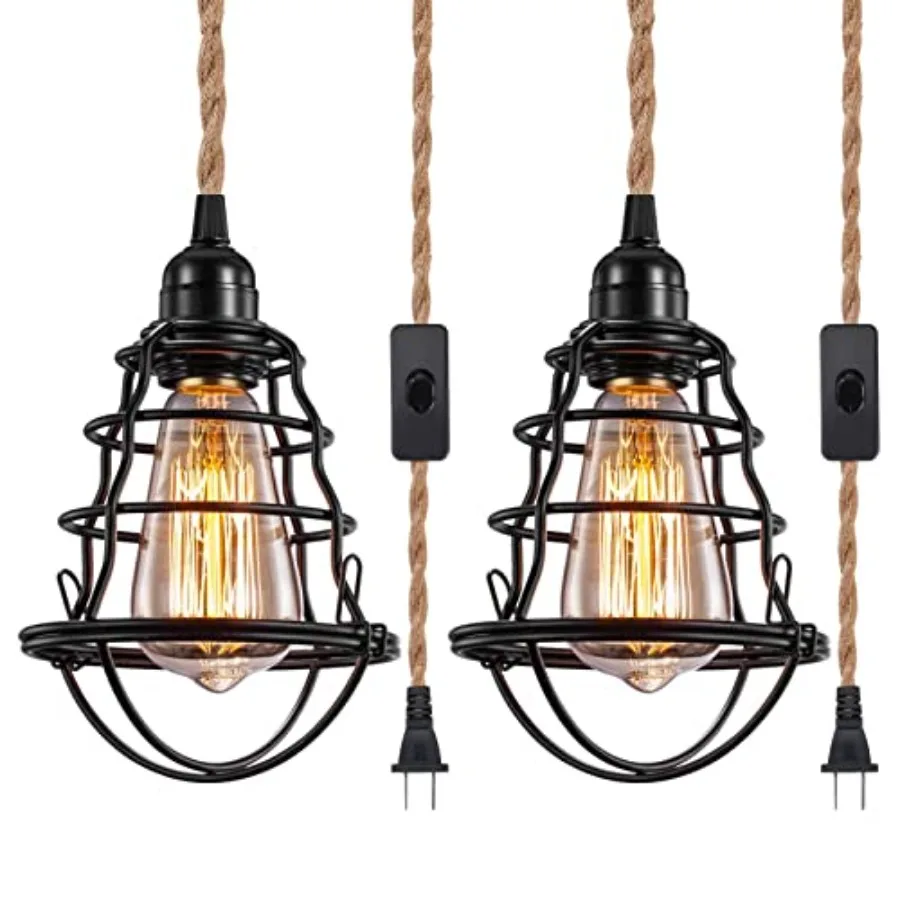 

Industrial Plug in Pendant Light, Vintage Hanging Lights with Plug in Cord, Metal Cage Hanging Lamp with 13ft Hemp Rope Plug in
