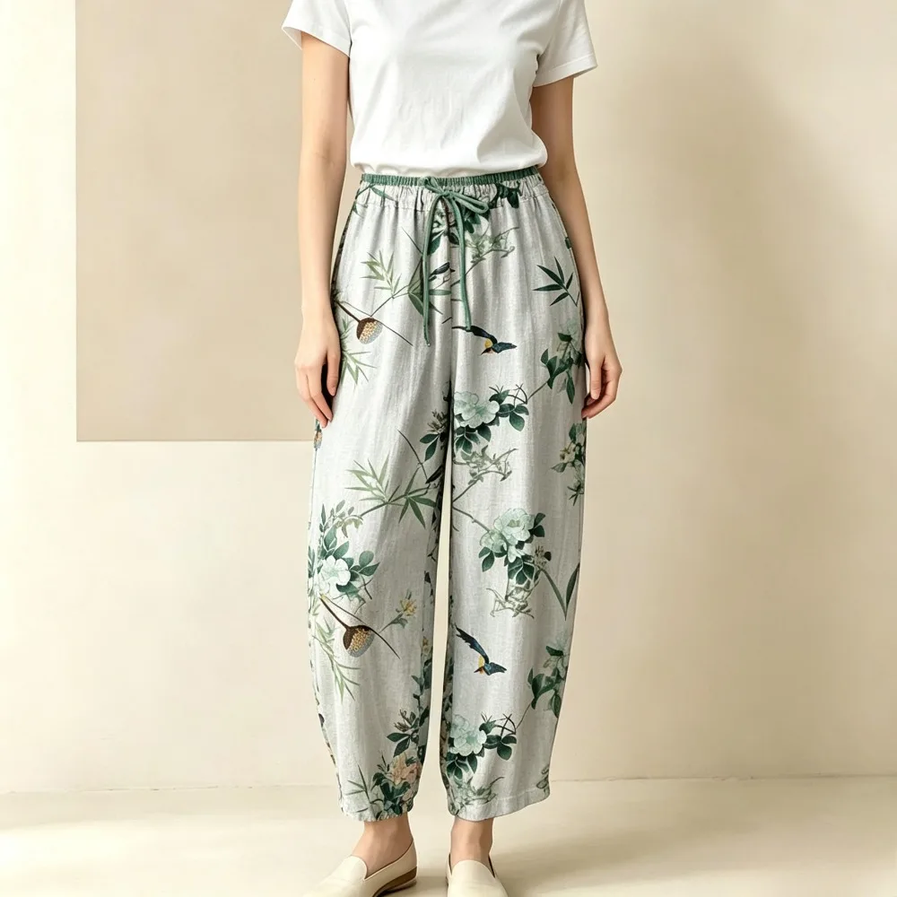 Vintage Lotus Floral Print Women Cotton Harem Pants Elastic Drawstring High Waist Loose Casual Ankle Trousers for Daily Holiday