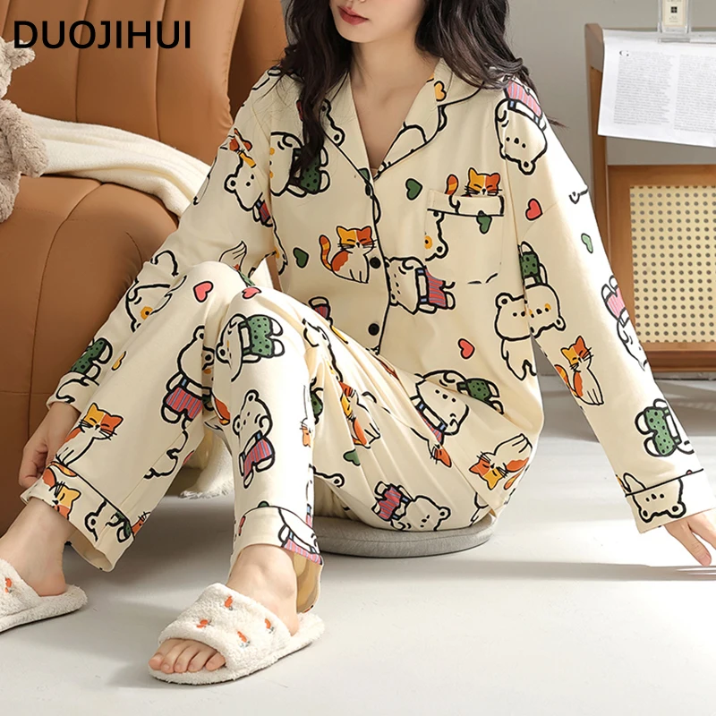 DUOJIHUI Fashion with Chest Pad Casual Pajamas for Women Autumn Chic Button Cardigan Basic Loose Pant Simple Female Pajamas Set