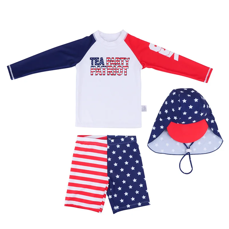 Long Sleeved Patchwork Top Shorts Swimming Cap 3-Piece Set Children's Swimsuits Boys Letter Cute And Fashionable Swimwear