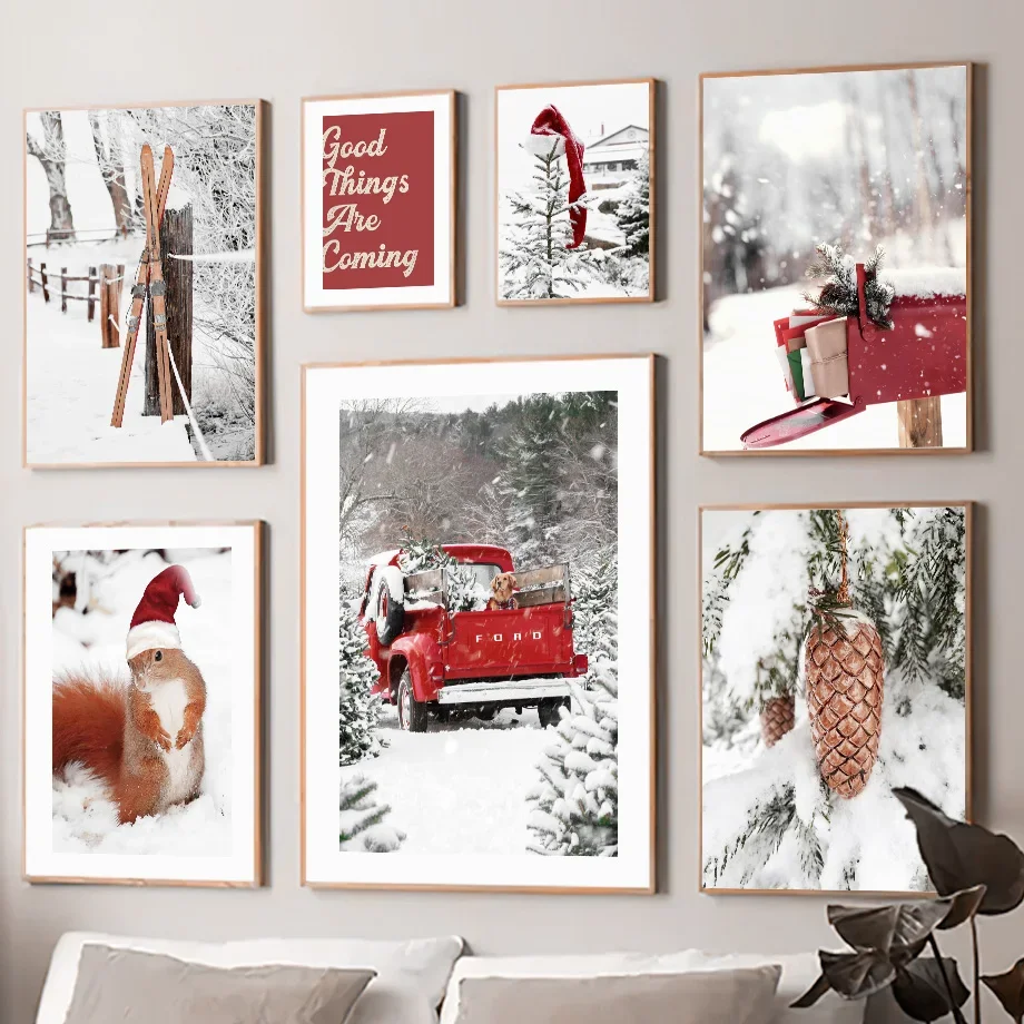 

Christmas Winter Pine Squirrel Red Car Wall Art Mural Canvas Painting Living Room Decoration Posters And Print Home Wall Picture