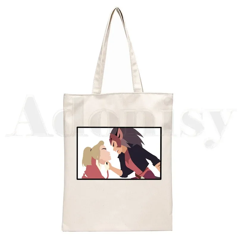 Adora Catra Love She Ra And Catra-Bolsos de lona con dibujos animados para mujer, bolsos de hombro, bolso de compras informal, elegante