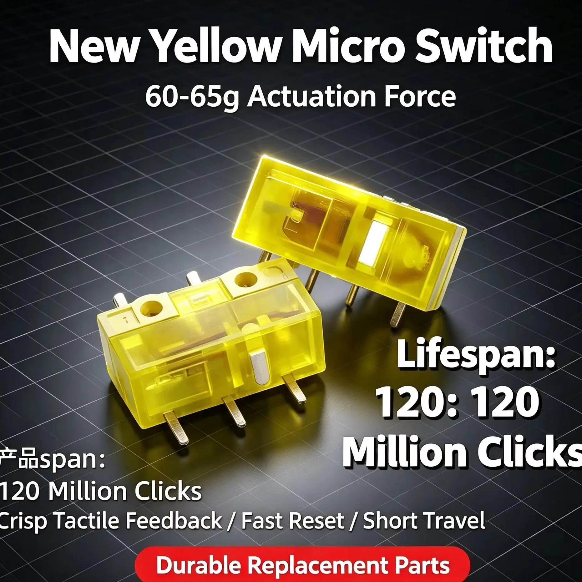 HUANO Orange Micro Switch 3-Pin Rectangular Mouse Button Replacement, 120 Million Clicks Long Life, Universal for Gaming Mice