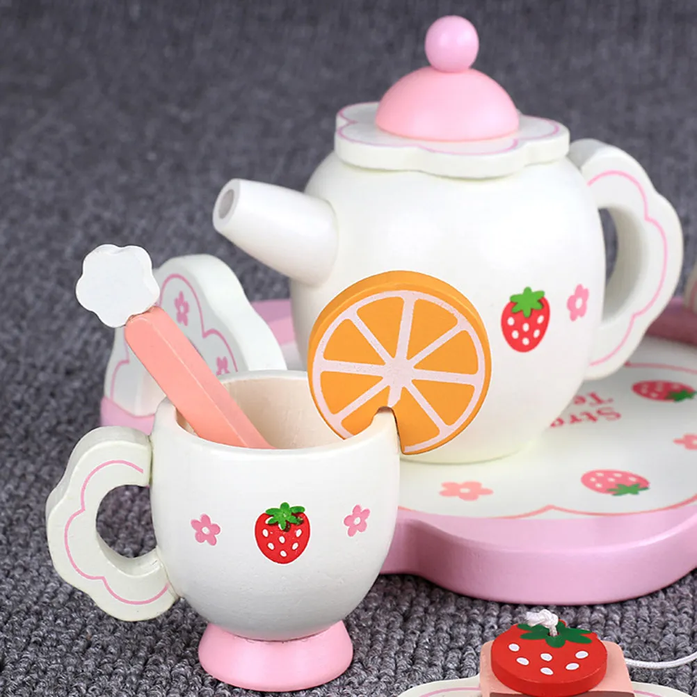 Mini Wooden Tea Set Playset for Toddlers Eco Friendly Waterborne Paint Non Irritating Smell Cognitive Development Imaginative