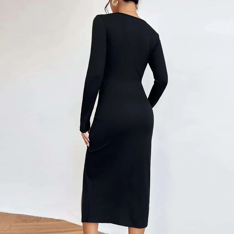 Women Spring Autumn Long Sleeve Bodycon Black Mid Dress Slim Package Hip Slit Long Dresses 2023 Female Clothing Streetwear