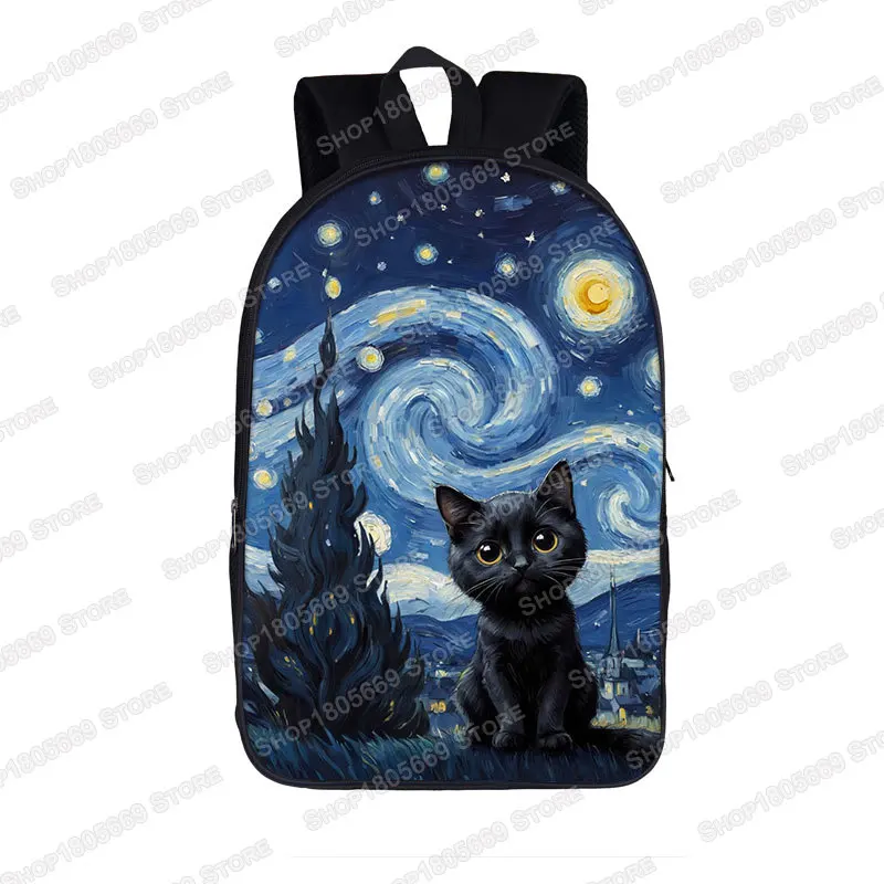 Cute Black Cat in Van Gogh Painting Backpacks for Teenager The Starry Night Kids School Bags Women Rucksack Laptop Bag Bookbags