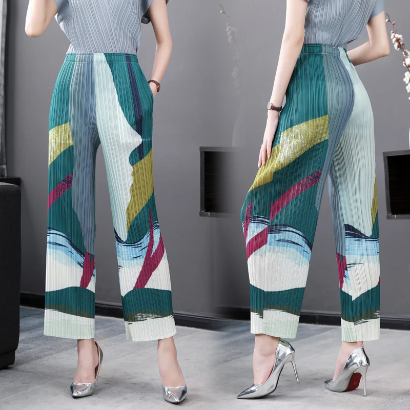 Pantalon plissé haut de gamme pour femmes, amincissant, ample, imprimé Floral, jambe droite, décontracté, coréen, été, 2023