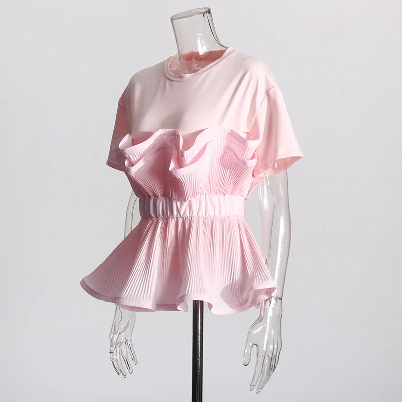 HKSH Summer New Women T-shirt O-neck Short Sleeve Patchwork Ruffles Waist Cinching Slim Fit Elegant Chic High Street Top HK12187