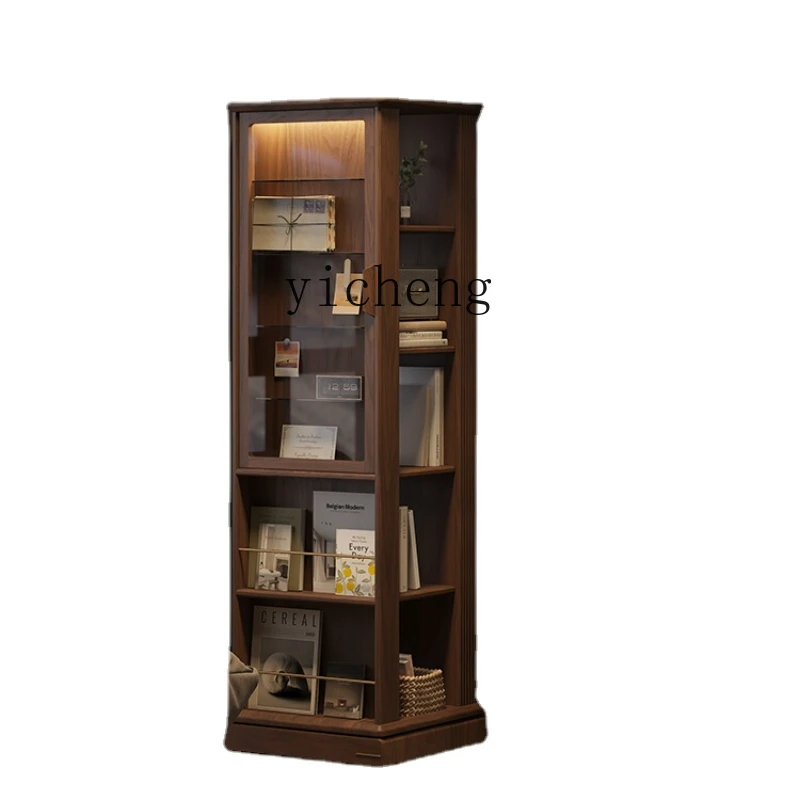 Zc Solid Wood Bookshelf Bookcase Home Living Room Rotating Display Cabinet with Door Multi-Layer Storage Floor Storage Rack