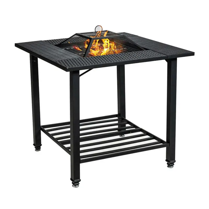 Outdoor Fire Pit Dining Table With Mesh Cover for Poolside Patio Dining and Outdoor Gathering