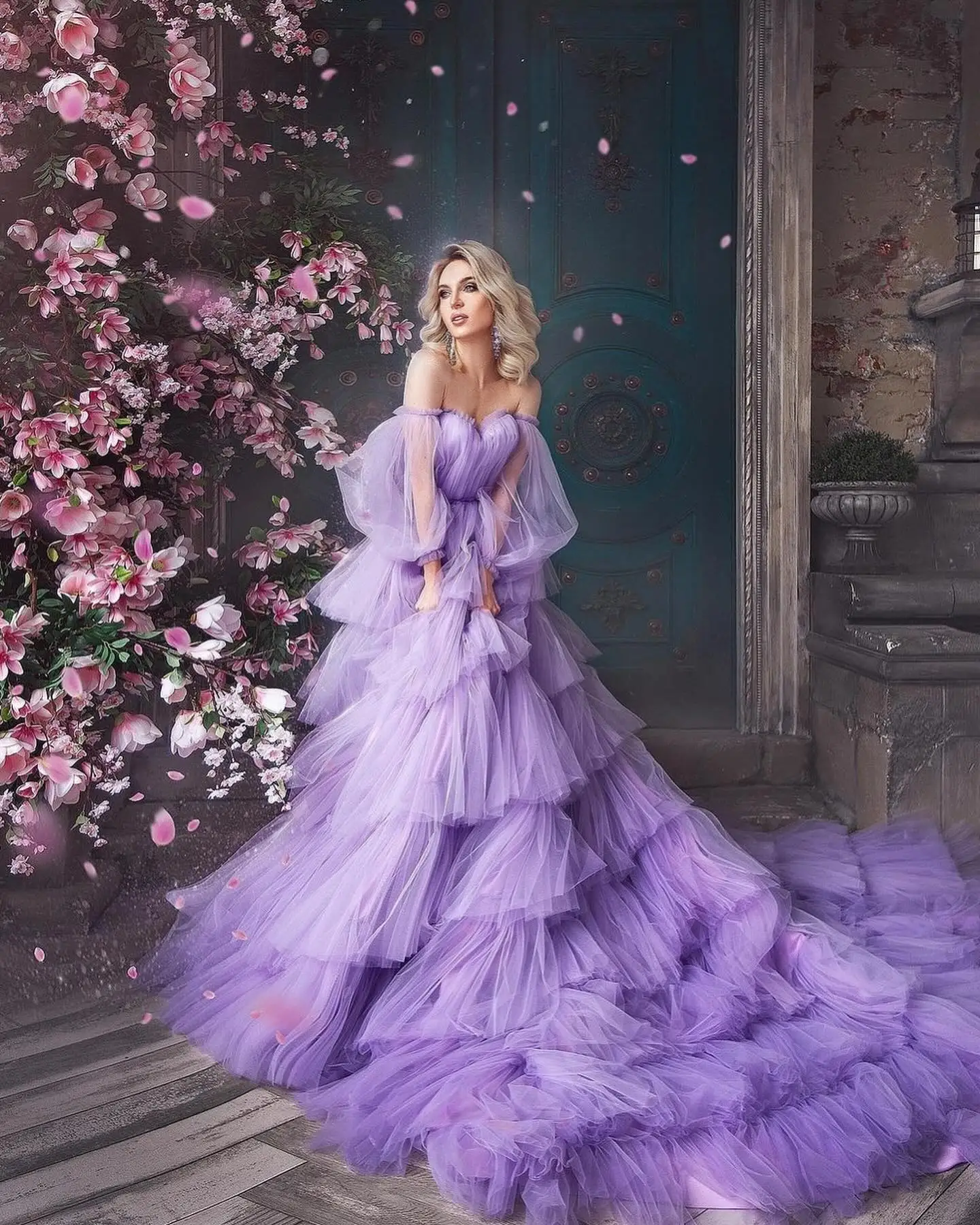 Dreamlike Lavender Fluffy Tiered Tutu Tulle Women Long Dresses See Thru Puff Sleeves Lush Tulle Bridal Dress Wedding Gowns