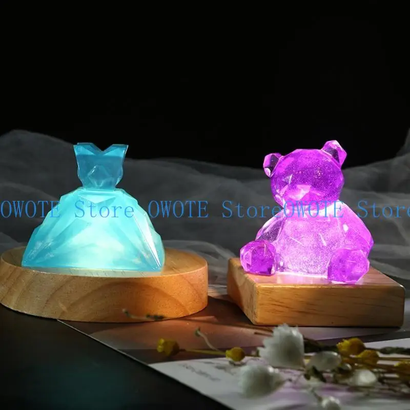 

652F Handmade Resin Art Mini Thin LED Display Base Resin Display Round Wooden Night Base Resin Ornament Stand DIY Crafts