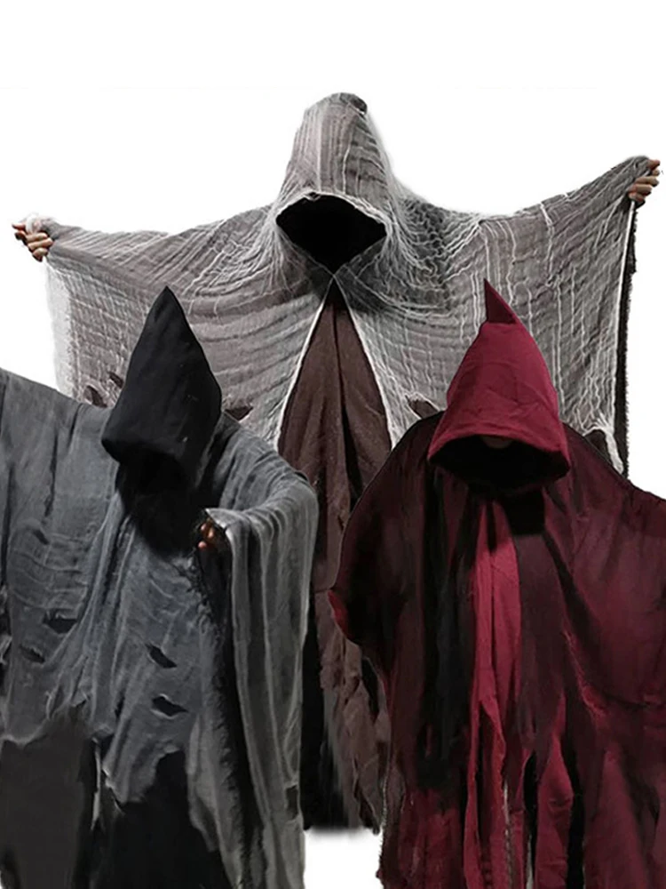 Halloween Grim Reaper Hooded Cloak Tattered Distressed Layered Gauze Scary Costume Cape for Women Men Unisex Adults Party Props