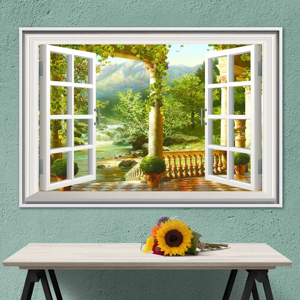 3D window effect, sea view poster, living room printmaking, home decoration, modern oil painting with windows, wall art aestheti