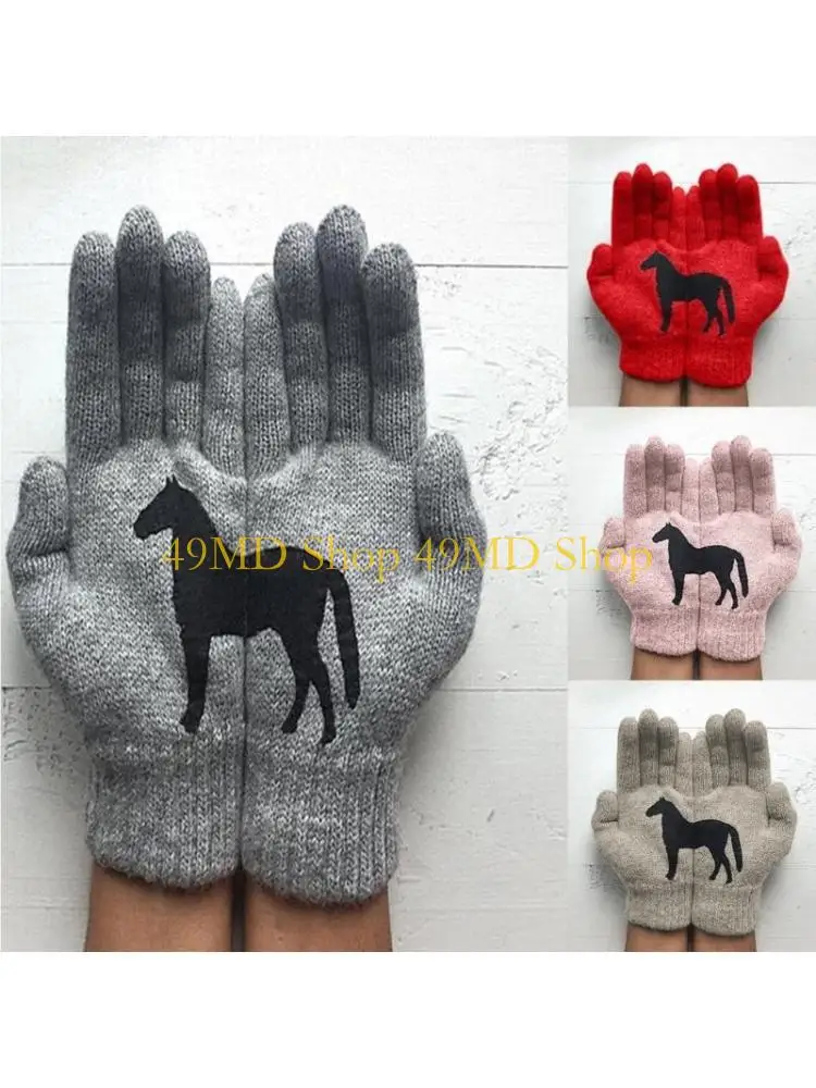 

49MD Women Horse Full Finger Gloves Stretchy Knit Cycling Solid Color Mittens