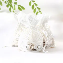High Quality 1PC/5PCS Wedding Candy Drawstring Bag Lace Jewelry Dried Flowers Storage Bag Slub Yarn Gift Pouch 14*10CM