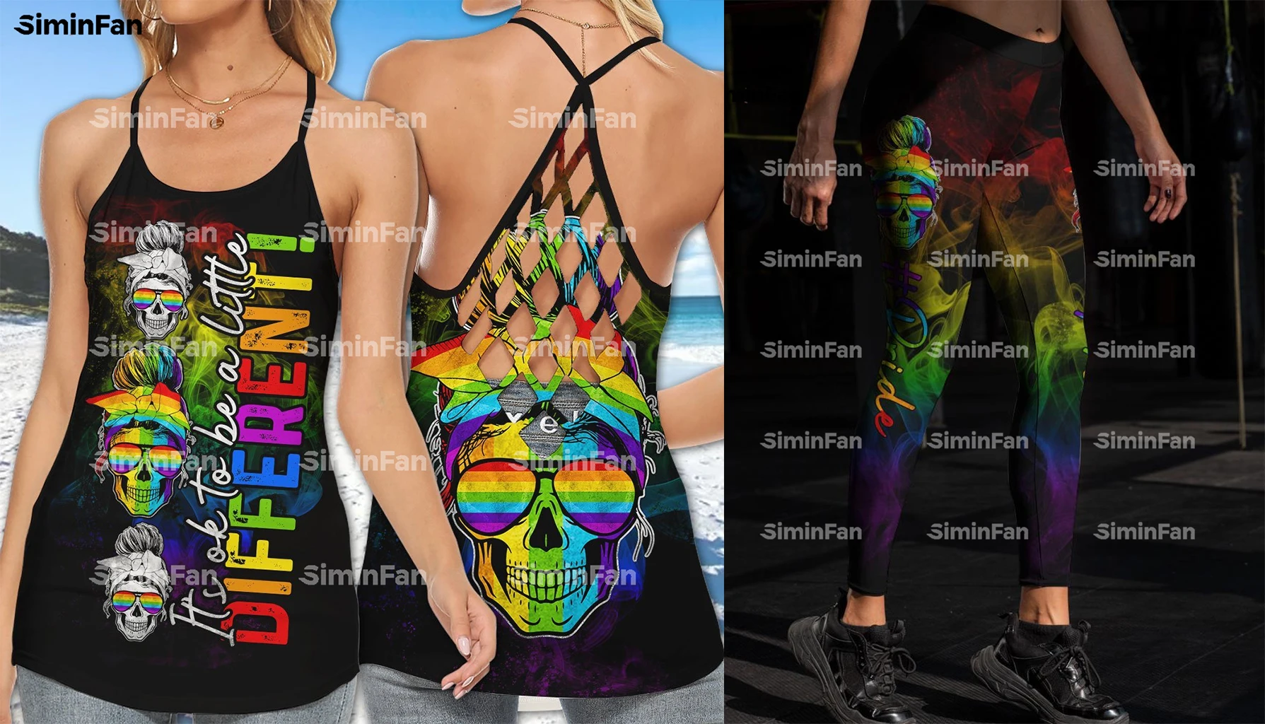

Rainbow LGBT Tie-Dye Print Criss Cross Tank Top Legging Female Backless Camis Vest Women Pant Suits Outfit Yoga Two Piece Set 01
