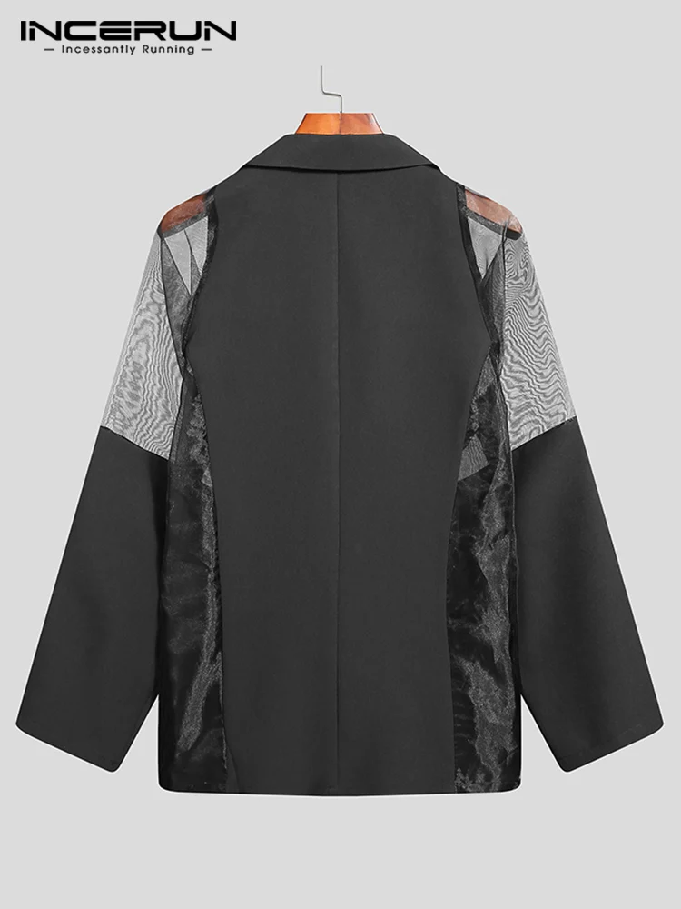 INCERUN-Chaqueta de malla transparente para hombre, abrigo fino de manga larga con solapa de doble botonadura, ropa de calle, trajes informales a la