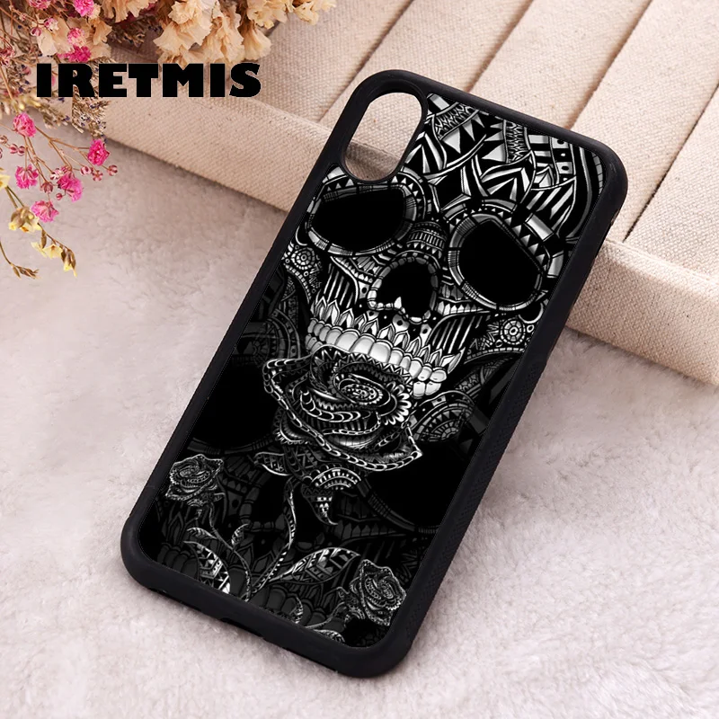 Iretmis Phone Cover Case For iPhone X XS Max XR 11 12 13 PRO MINI 14 15 16 Plus Rubber Skull ink black white roses flower