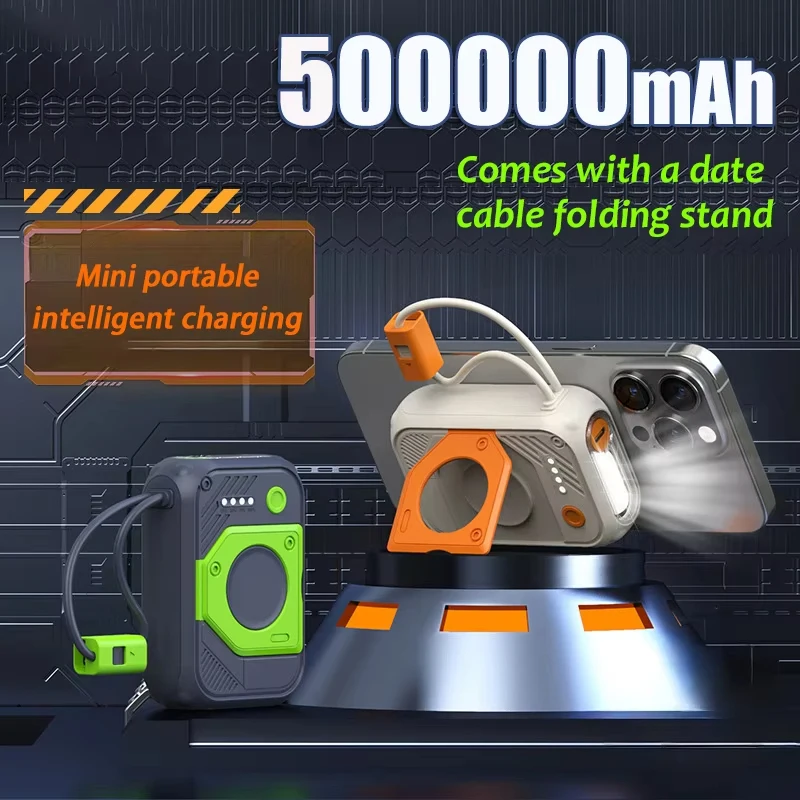 باور بانك 50000 مللي أمبير في الساعة، كابل شحن مدمج قابل للفصل، حامل قابل للطي، بطارية شحن سريعة لهاتف آيفون وشاومي وسامسونج