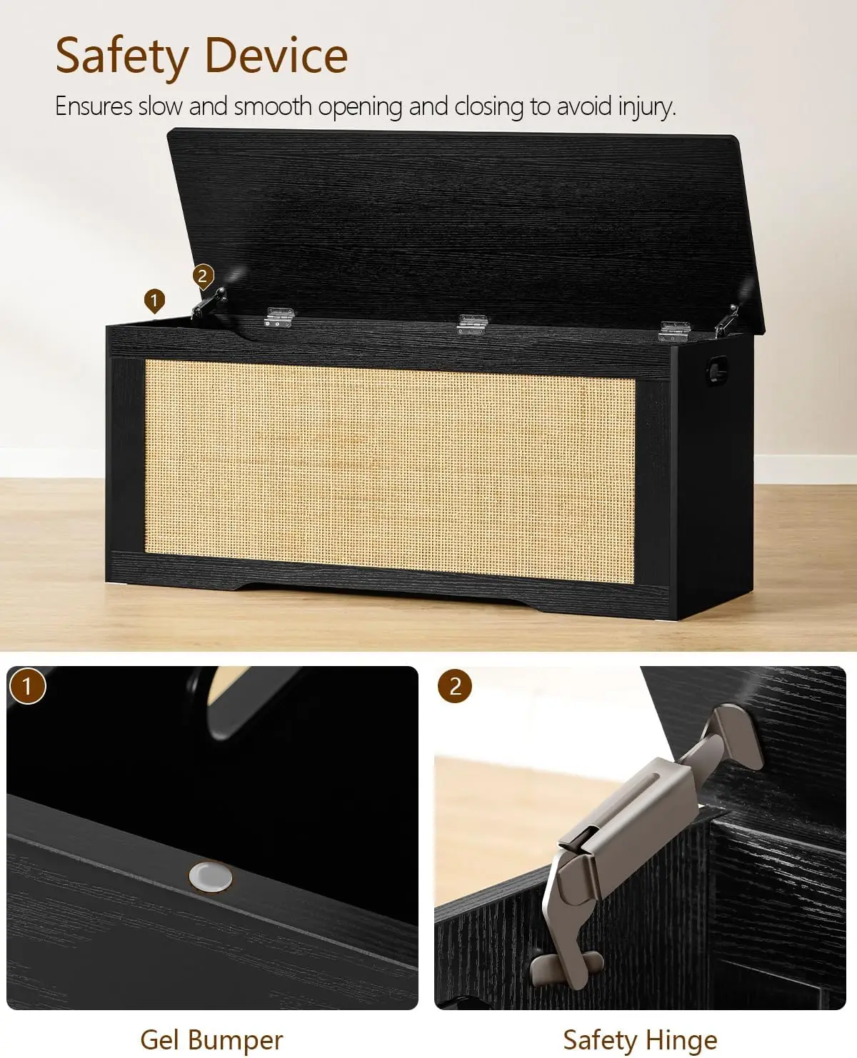 Storage Chest with Rattan, Wooden Storage Bench with 2 Safety Hinges, Lift Top Storage Box with Gel Bumpers,