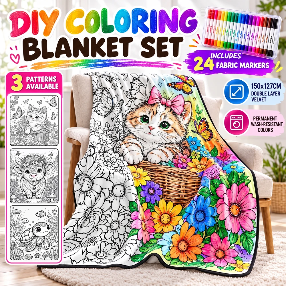 DIY Coloring Blanket 150x127cm With 24 Pens Washable Velvet Throw Soft Paintable Fleece Quilt for Kids Adult Stress Relief Craft