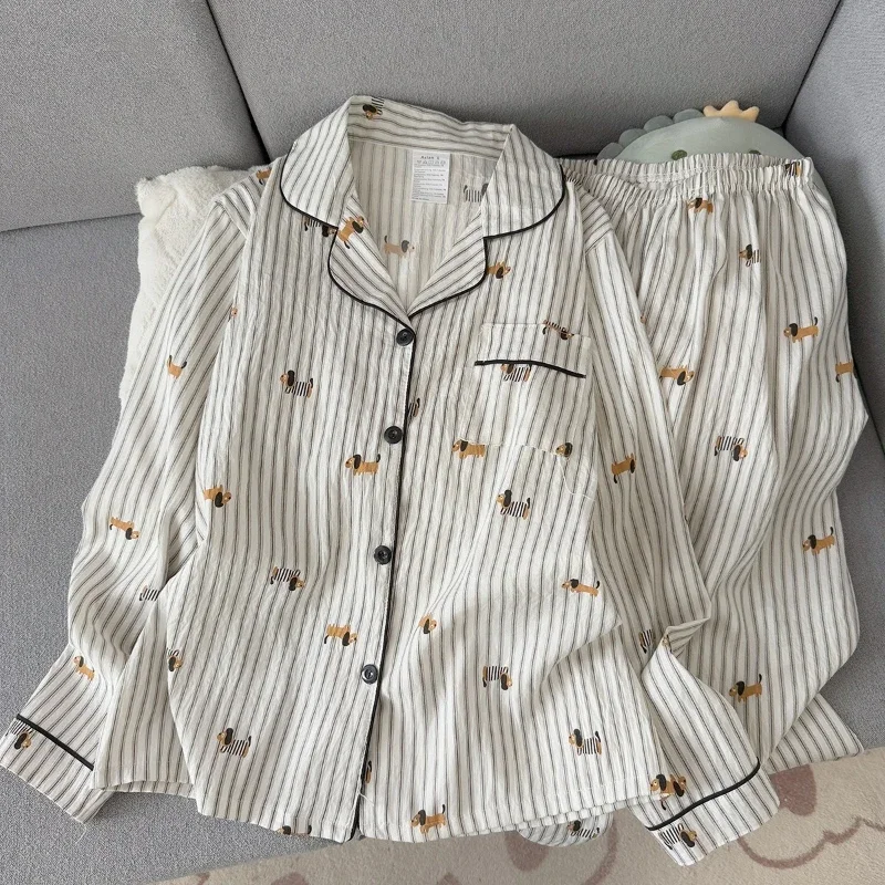 Spring and Autumn Plus Size Striped Sleepwear Women's Loose Long Sleeved Pants Cardigan Student Dog Print Pajamas Set Nightgown