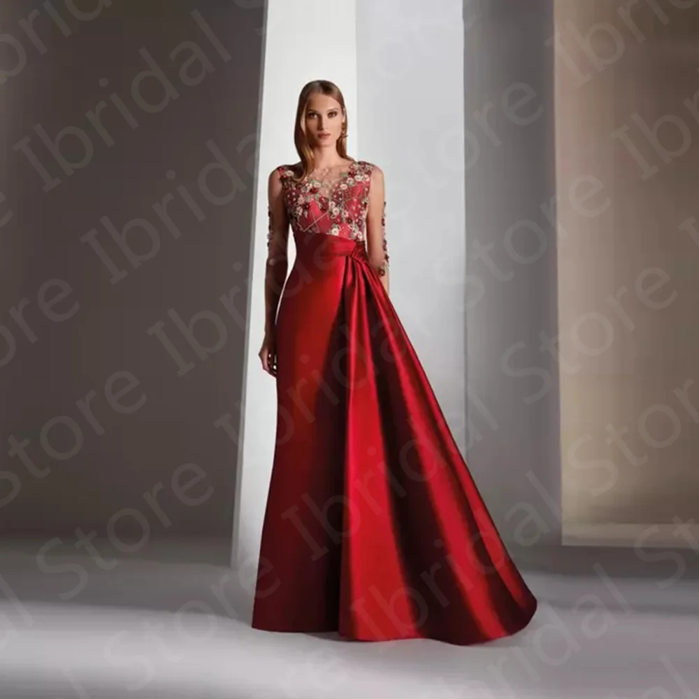 

Exquisite Bright Red Mother Dresses Jewel Neckline of the Bride Dress with 3/4 Sleeves Wedding Party Gowns Back Out