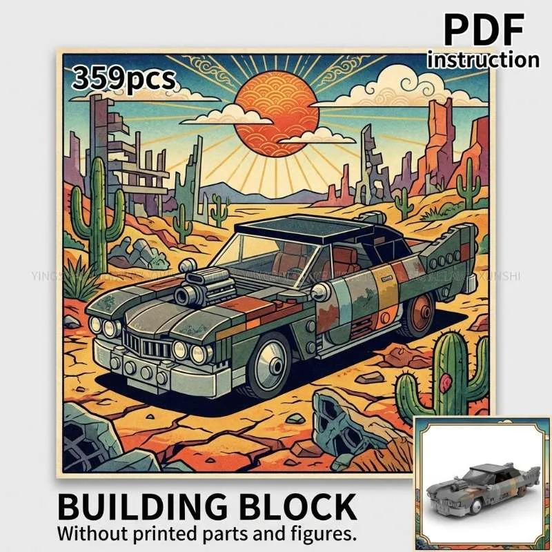 Falowt Post-Apocalyptic Retro Wasteland Sedan MOC Block Model with V8 Supercharger Engine