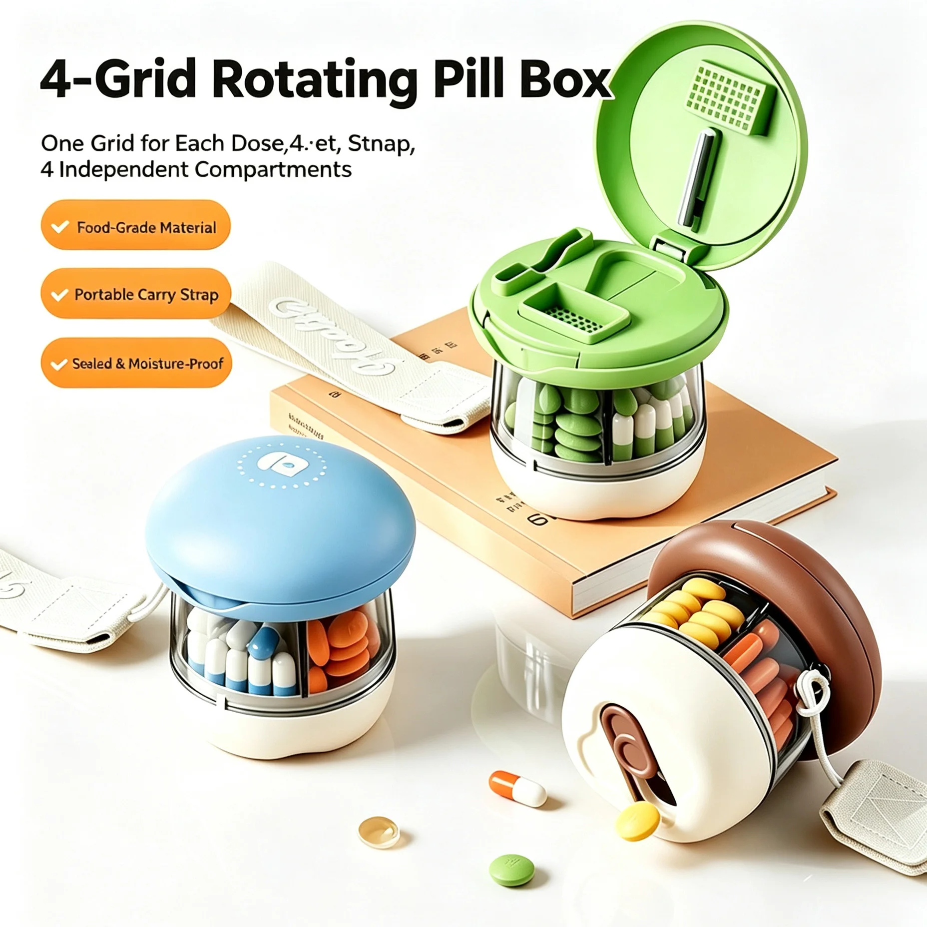 Pill Box with 3-in-1 Pill Cutter Rotating Grinder 4 Grids Light Blocking Moisture Proof Medicine Organizer with Lanyard for Home