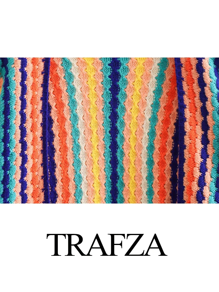 Trafza-camisola de crochê feminino com ponto aberto, camisola colorida, manga solta e longa, estilo vintage, outono, 2023