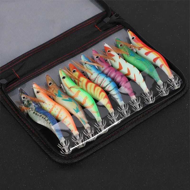 Fishing Wood Shrimp Luminous Squid Octopus Lure 10PCS 3.0 3D Eyes Fishing Lure Hard Bait Wobbler Squid Jig Lure with Bag