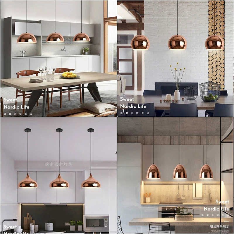 Nordic Rose Gold Pendant Lights Plated Metal Hanging Lamp Fixtures Dining Room Kitchen Island Bar Cafe Indoor Decor Lighting E27