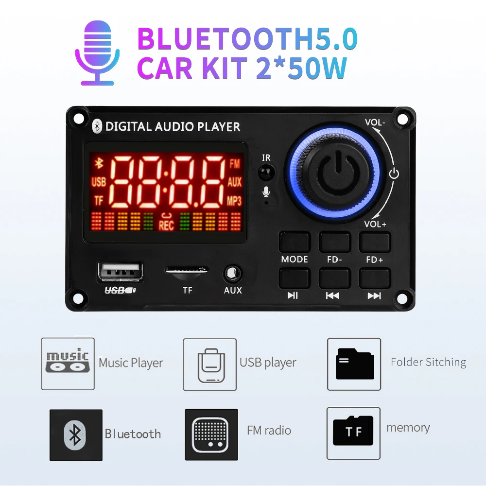 50W Amplifier DIY Bluetooth MP3 Decoder Board DC 12V 100W Car MP3 Player USB FM Call Recording Volume Control Folder Switching