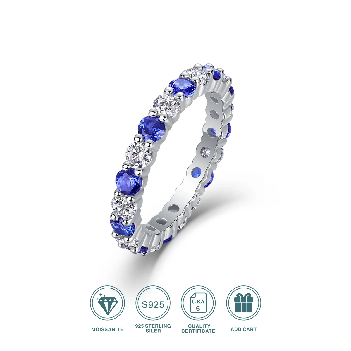 Elegant S925 Silver Ring with Alternating Moissanite & Blue Sapphires, 18K Gold Plated, Exquisite Design, Includes GRA Certifica