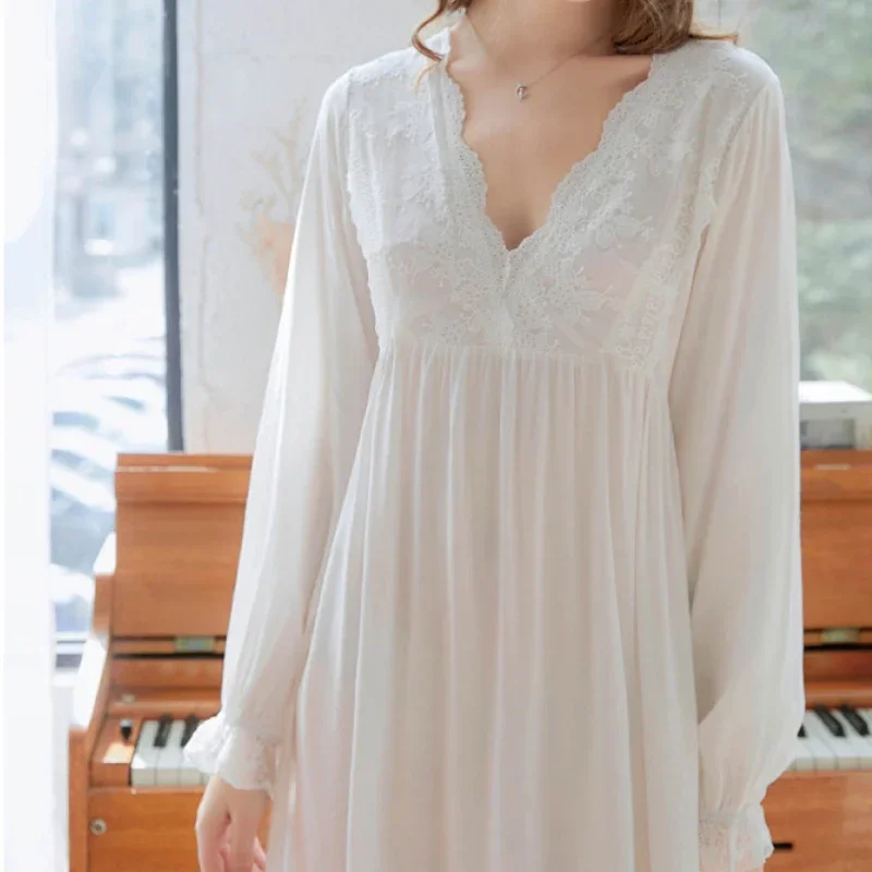 Vintage Romantic Nightgowns Nightwear Victorian Night Dress Women Cotton Sexy White Lace Long Peignoir Shirts Princess Sleepwear