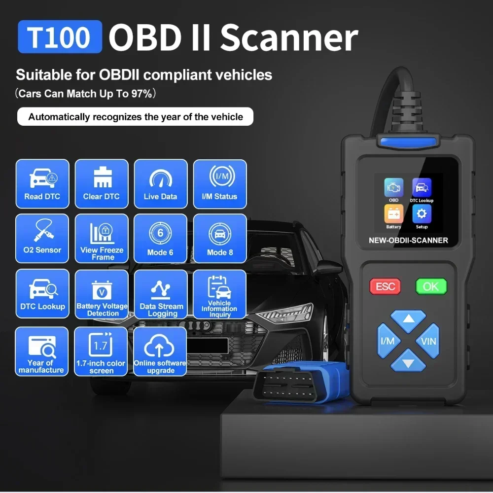 JDiag T100 OBDII Vehicle Automotive Diagnostic Tools Professional Engine Scanner Car Code Reader Support Multi-Language