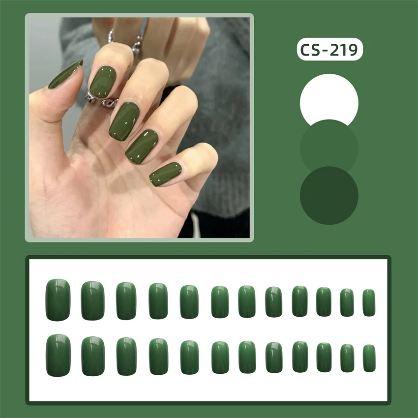 24Pcs/Set Avocado Frosted Feeling Wearing False Nails Full Coverage Adhesive Square Head Press on Nail Removable Fake Nails Tips