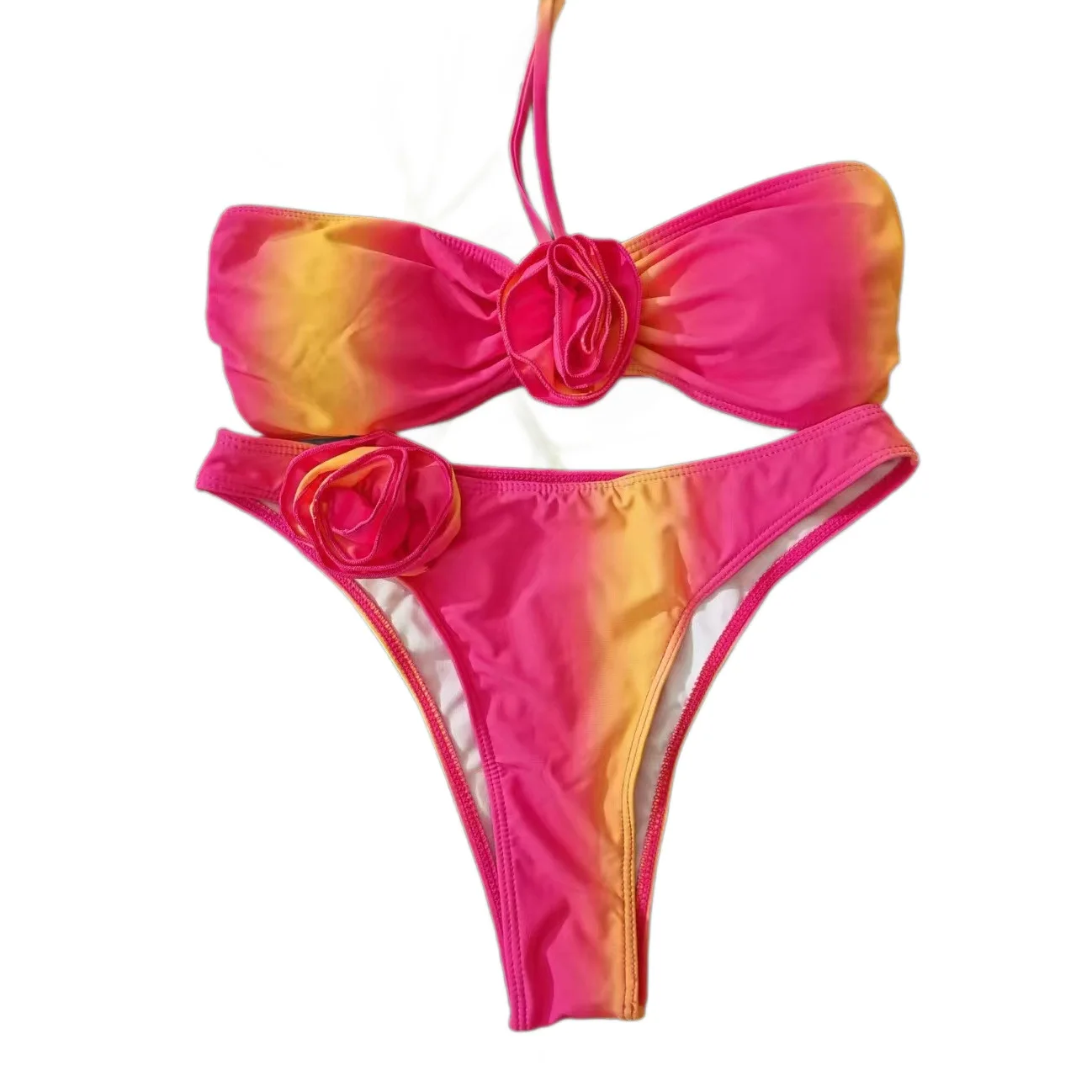 2026 New Gradient Rose Push Up Bikini Set Women Strapless Two Piece Swimsuit High Cut Beachwear Summer Holiday Bathing Suit