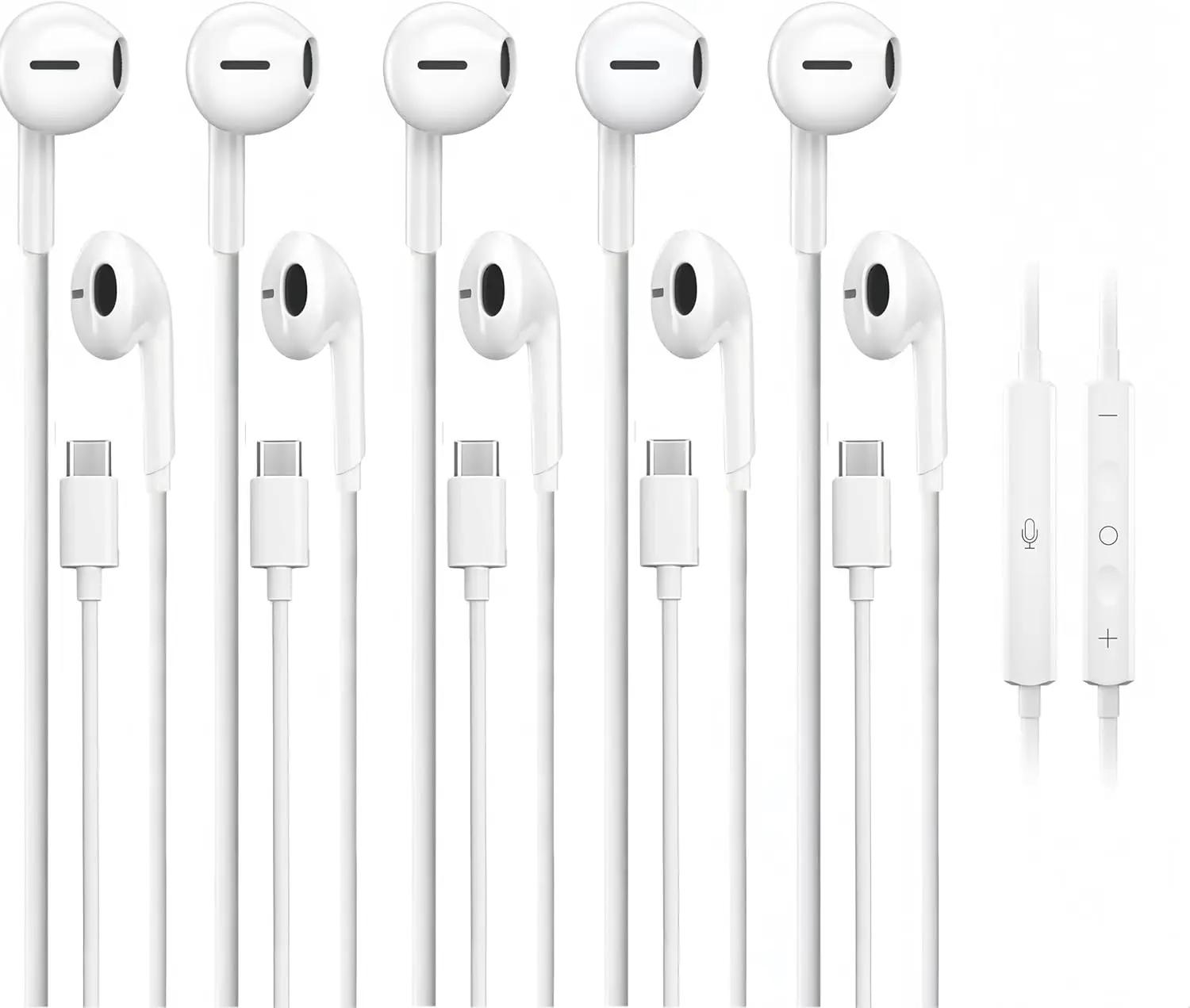 5-Pack USB-C Wired Earphones with Microphone & Volume Control, Compatible with Multiple Devices (1.2M/4Ft)