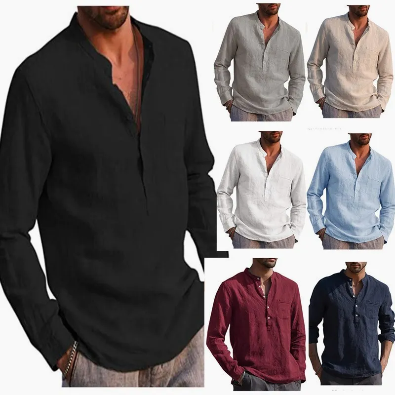 

Men's Casual Linen Long Sve V-Ne Beach irt Comfortable Breathable Summer Faion Men's Clothing Stand Collar Special W...