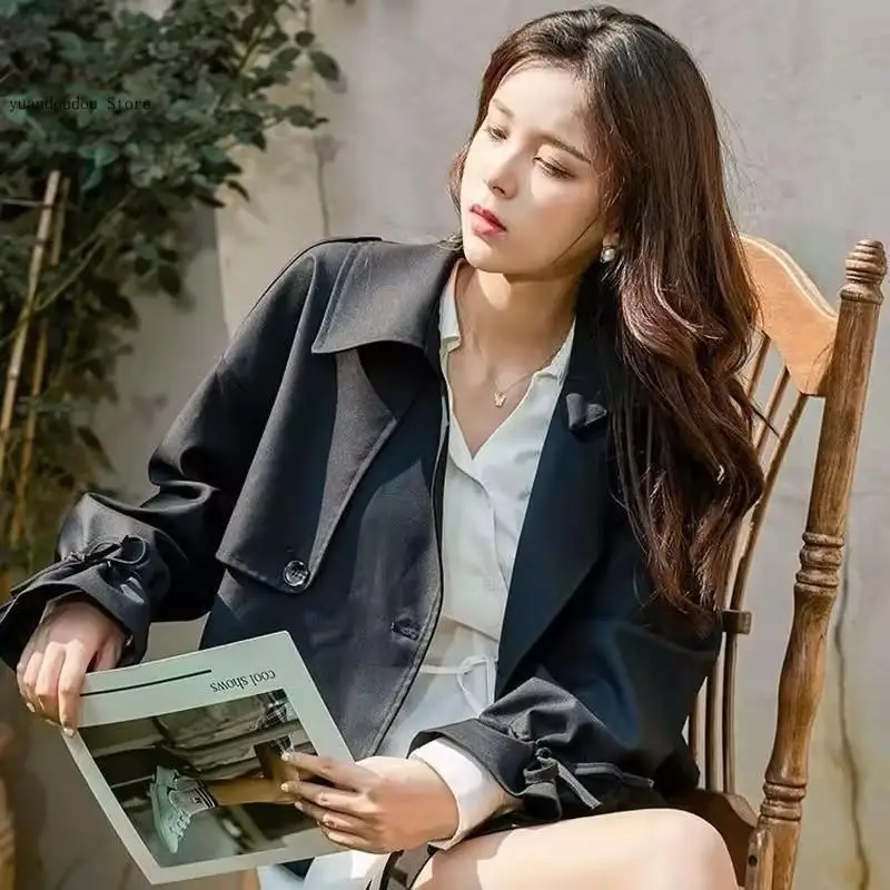 Office Lady Spring Pockets Double Breasted Windbreaker Streetwear Korean Short Trench Coat Women All-Match Basic Jacket
