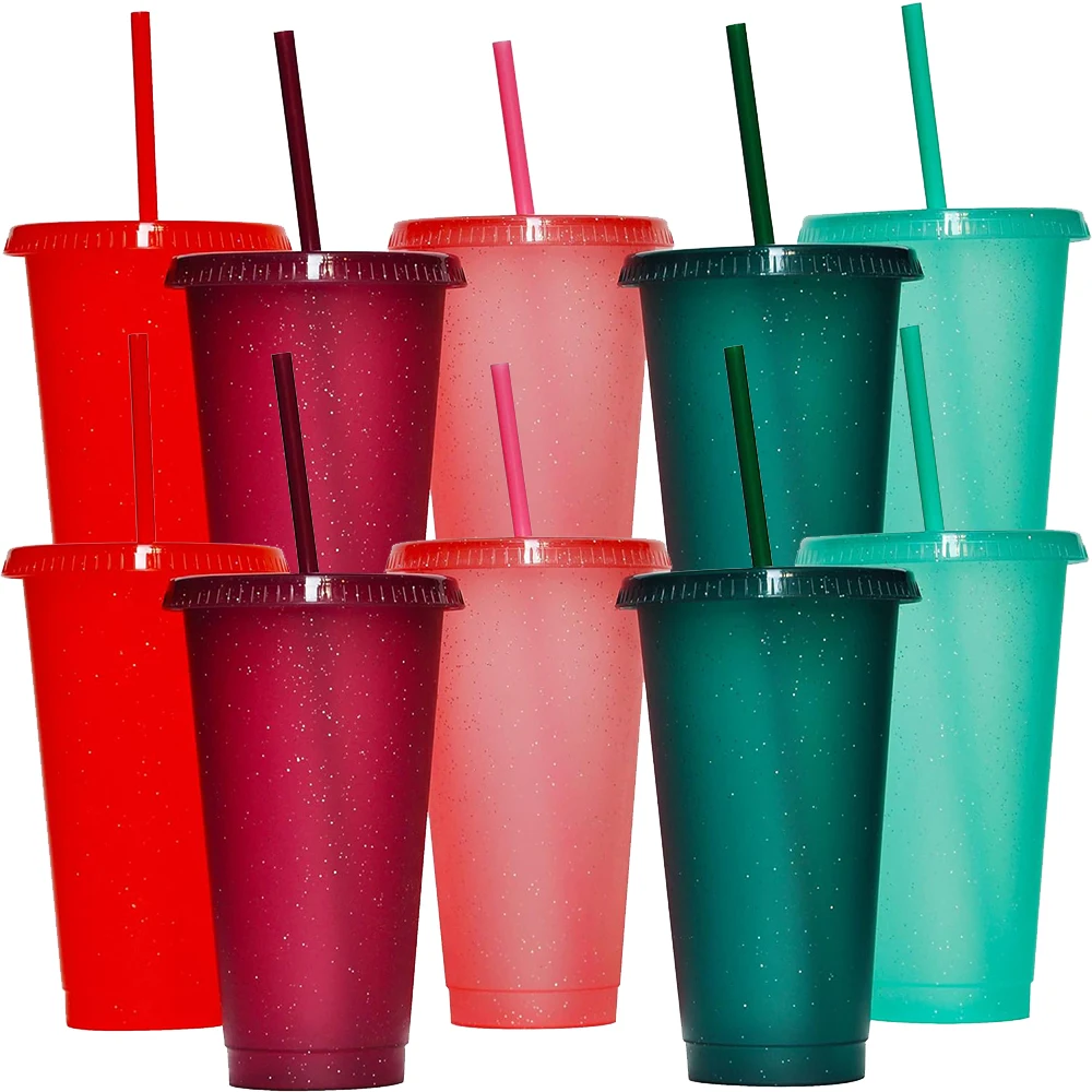 10/20/30 Pack Fashionable Plastic Cup 5 Dark Color Glitter with Lids and Green Straws-24oz Reusable Plastic Cup, Portable And Watertight, Suitable Party And Outdoor Entertainment Fit Adults, Women, Party, Halloween Gifts Summer Beaches, Weddings